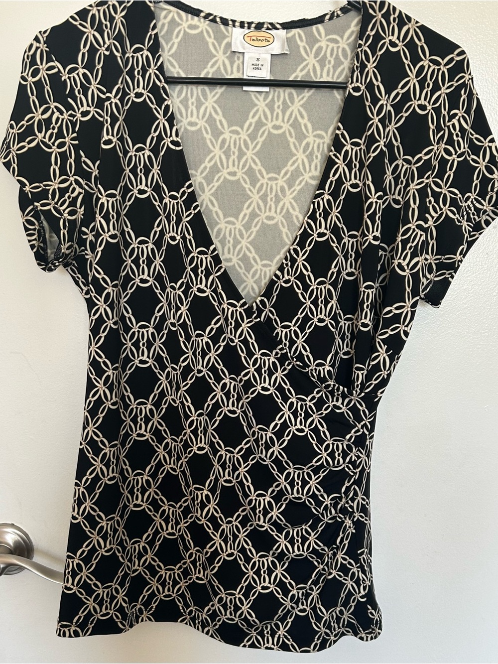Talbots Black Short-Sleeve Faux-Wrap Top with Cream Chain Print